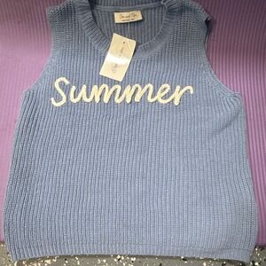 Doe & Rae blue knit sweater tank w/ "Summer" embroidered across the chest Size S